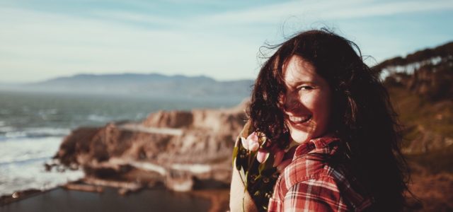 Microbiome gut-brain axis makes woman joyful and happy.